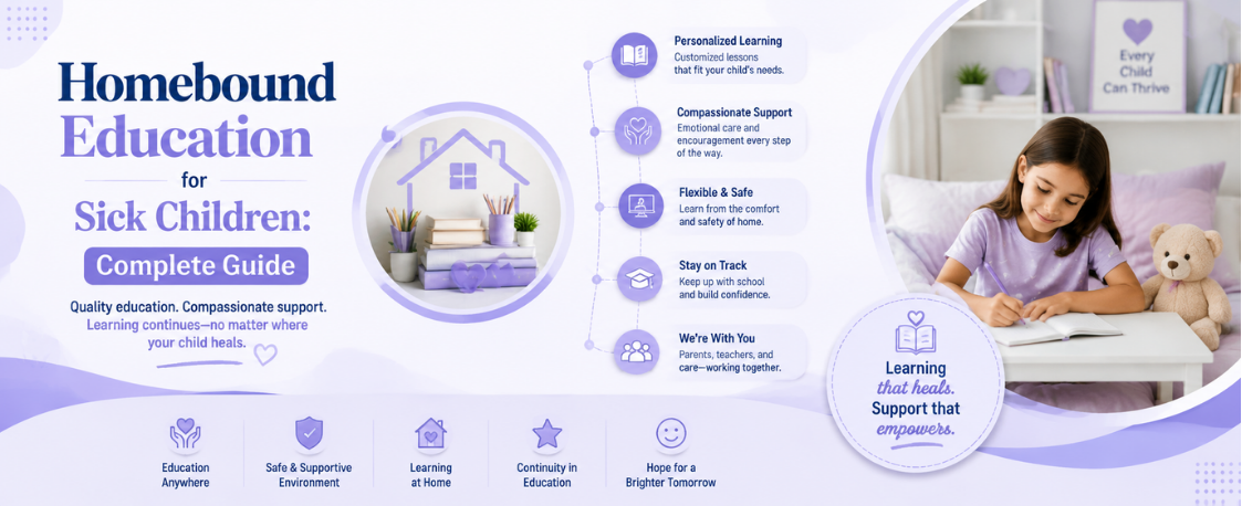 Homebound education banner: sick child studying